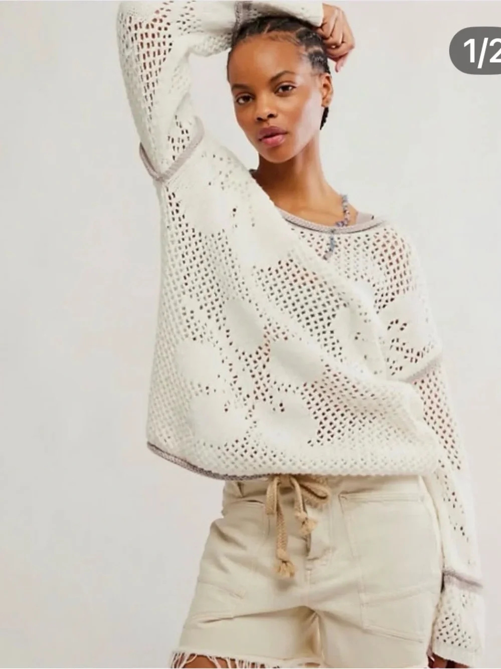 Free People Cream Open-Knit Scoop Neck Sweater with Contrast Trim
